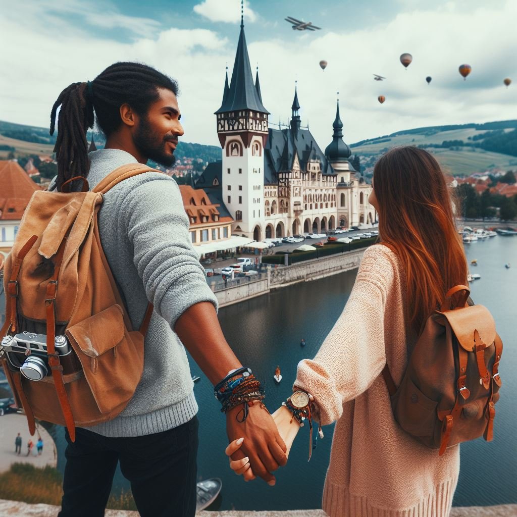 Coppia di turisti mano nella mano visitano la Romania