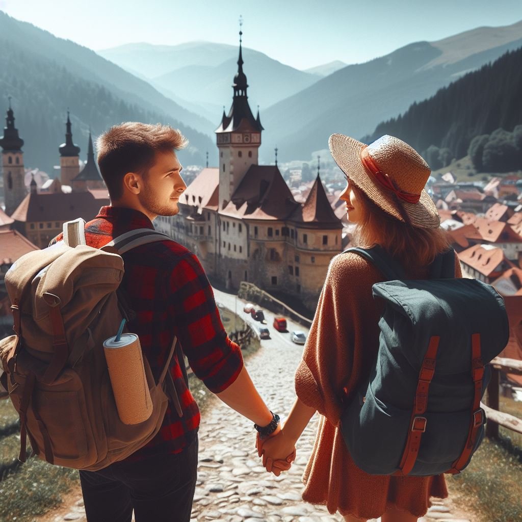 Coppia di turisti mano nella mano visitano la Romania