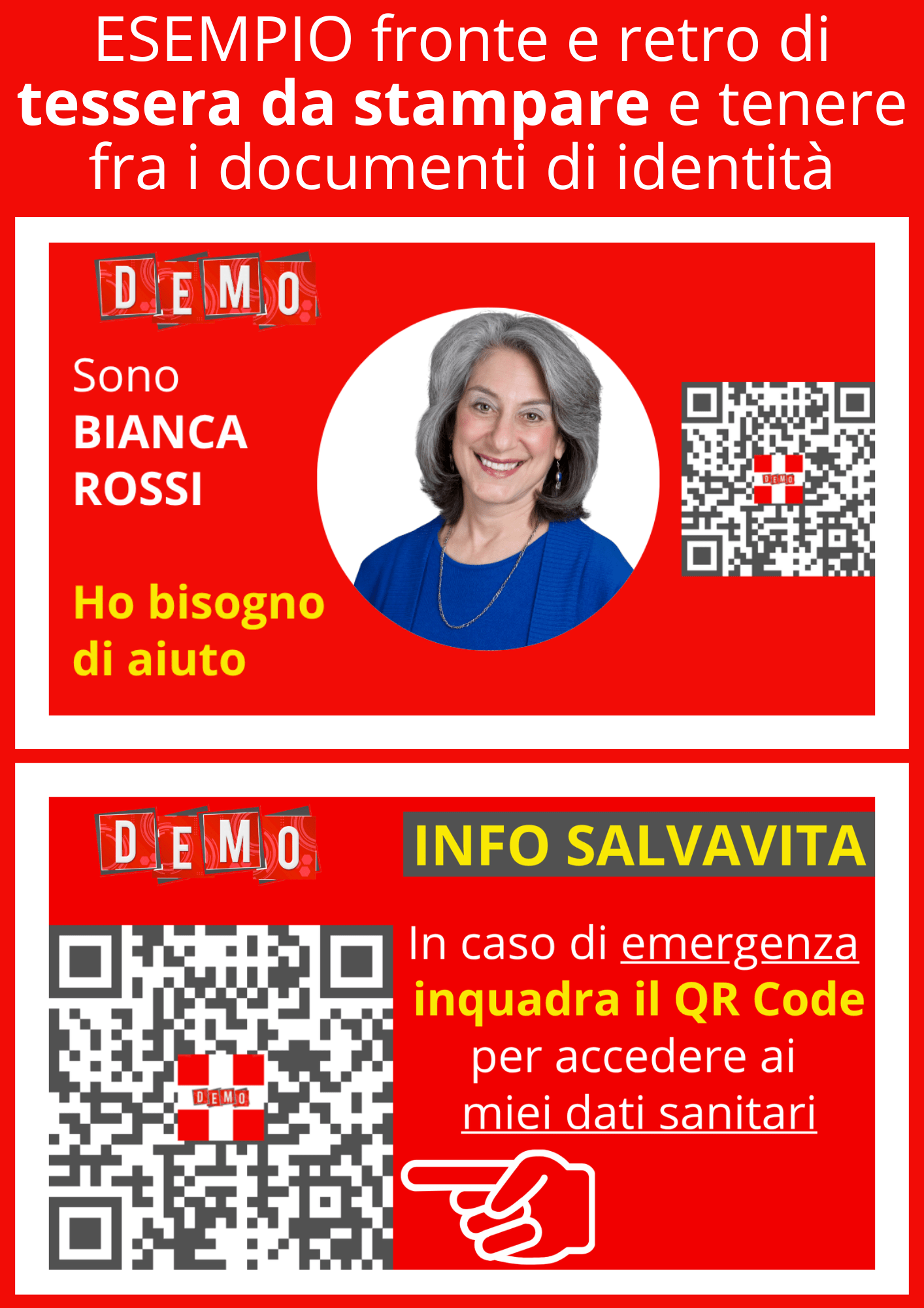 Tessera stampabile con Info sanitarie Salvavita munita di QR Code