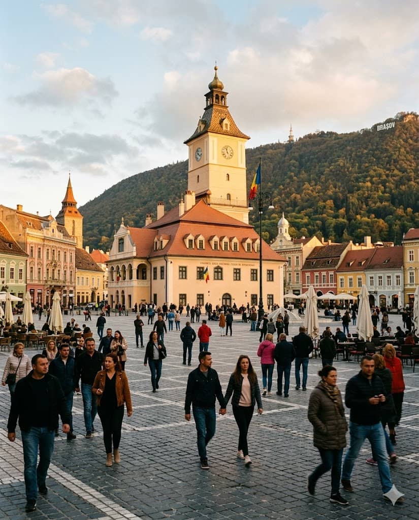 O piață cu primăria în fundal — Brașov