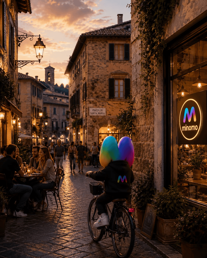 An Italian square at dusk with people moving through it, the atmosphere of neighbourhood life