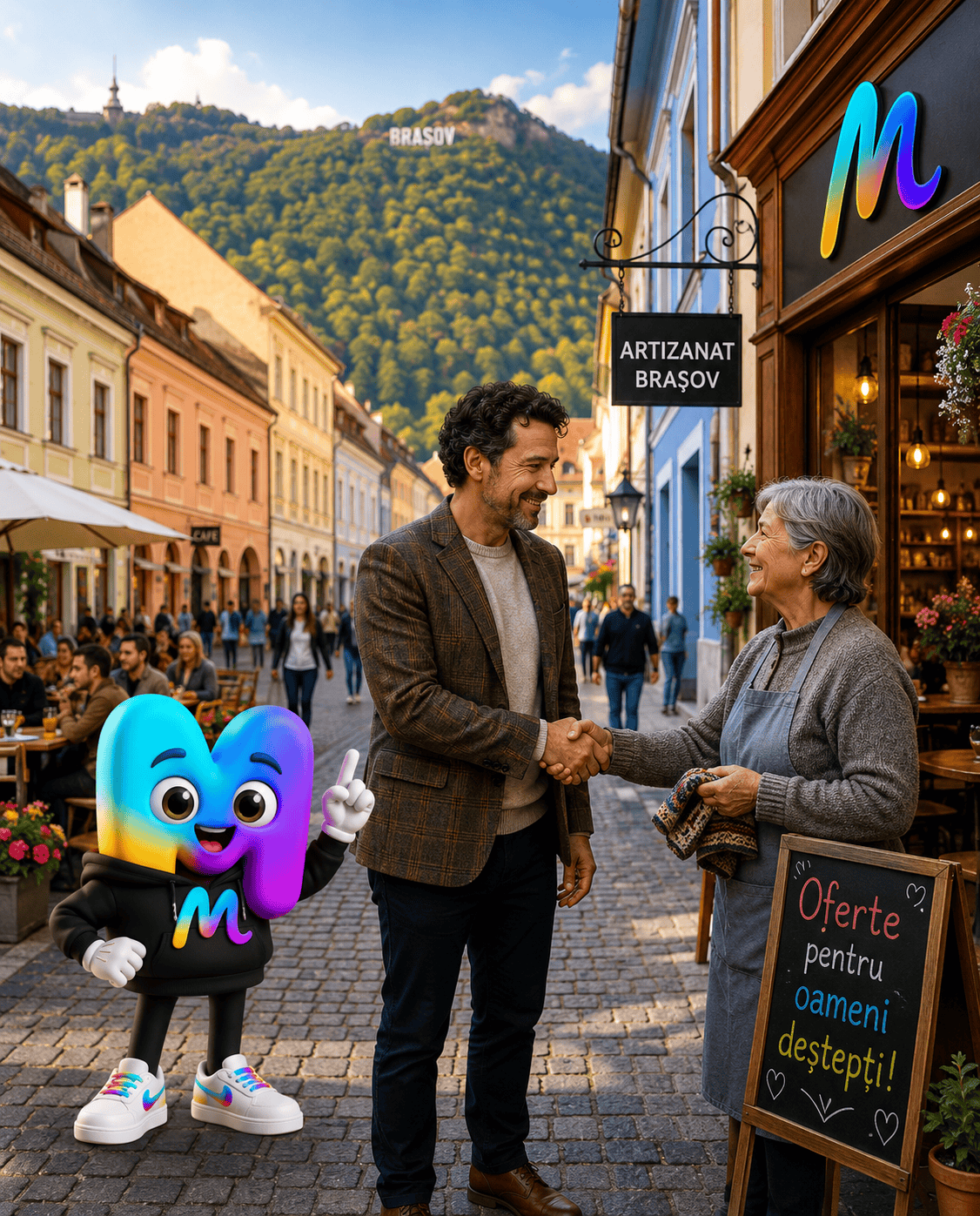 Un City Agent vorbind cu un comerciant în fața localului, atmosferă informală de zi